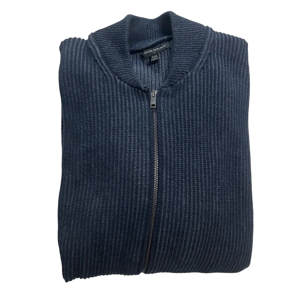 Banana‎ Republic Mens XXL Navy Blue Ribbed Cotton Full Zip Cardigan Sweater